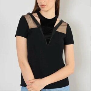 The Kooples Black Velvet Leather Short Sleeve Cutout Top, Large